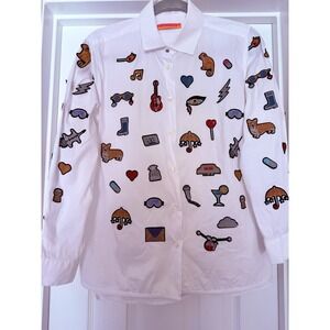 Vilagallo Embroidered Womens White Button Down Top Size EU 42 US 12 Artsy Patch